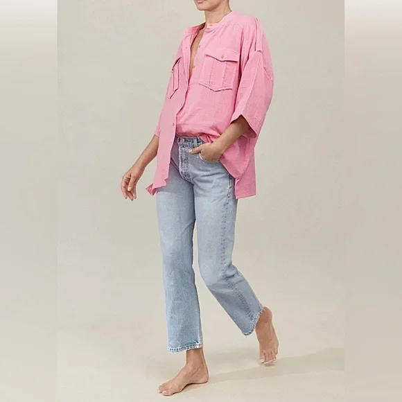 Acacia Swimwear Van Shirt in Sweet Pea Pink Gauze Organic Cotton Button Down - Picture 1 of 12